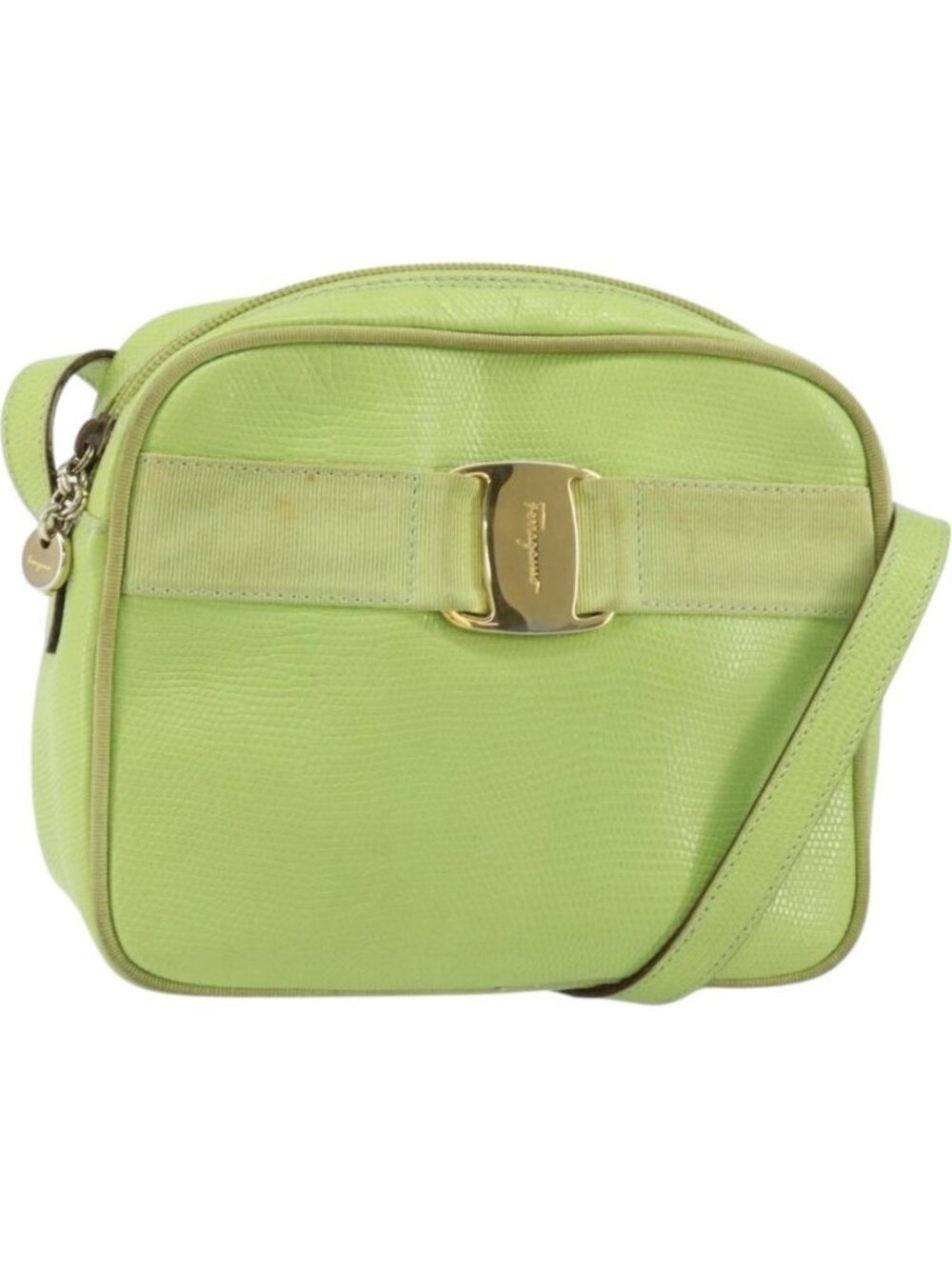 Salvatore Ferragamo Vala Shoulder Bag Leather Embossed Green Gold